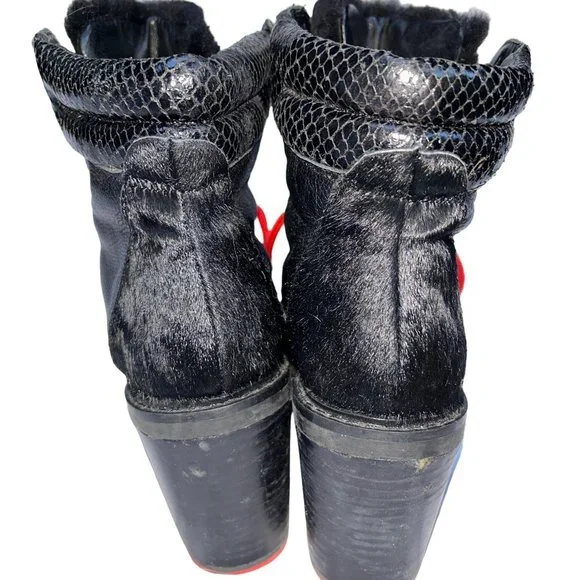 aldo black pony calf hair red lace worn Heeled Hiking Ski Bunny boots 9.5 - Picture 9 of 12